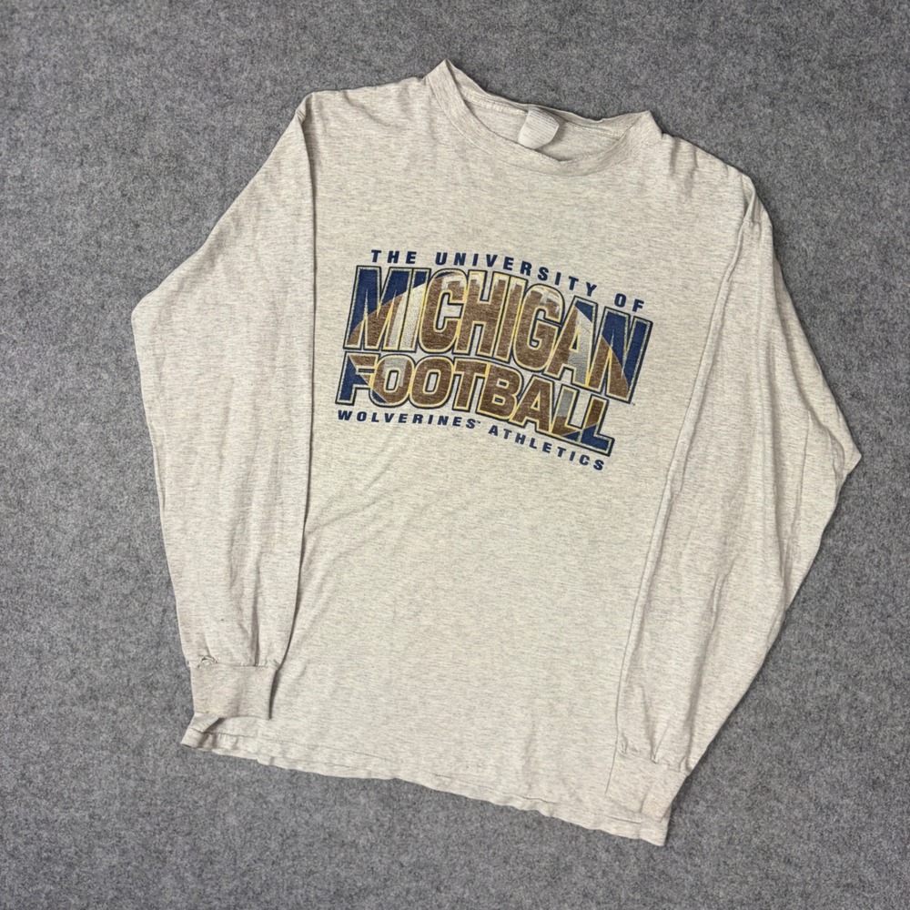 Vintage Pro Player Michigan Football Wolverines T-Shirt Gray Long Sleeve Large
